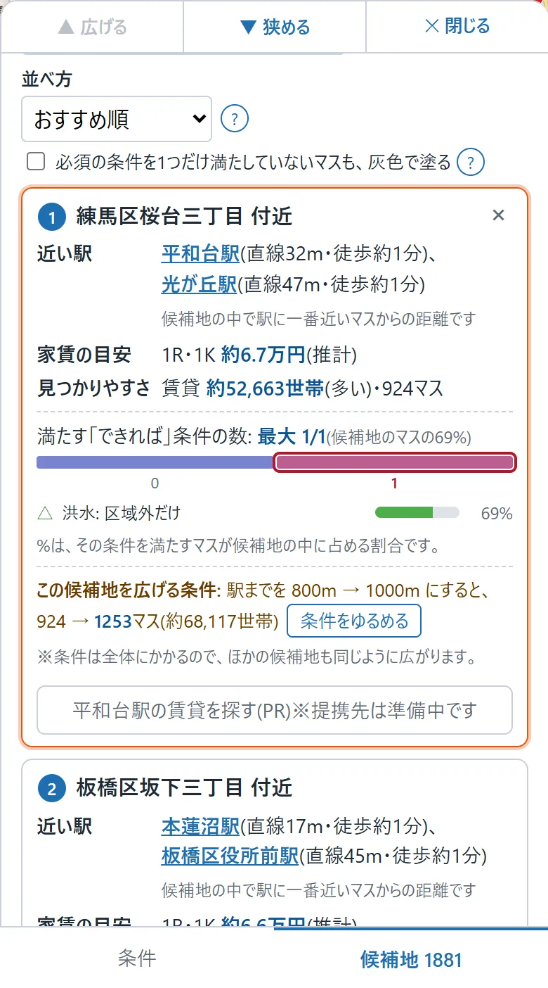「候補地」の板を広げたところ(並べ方・一覧表)
